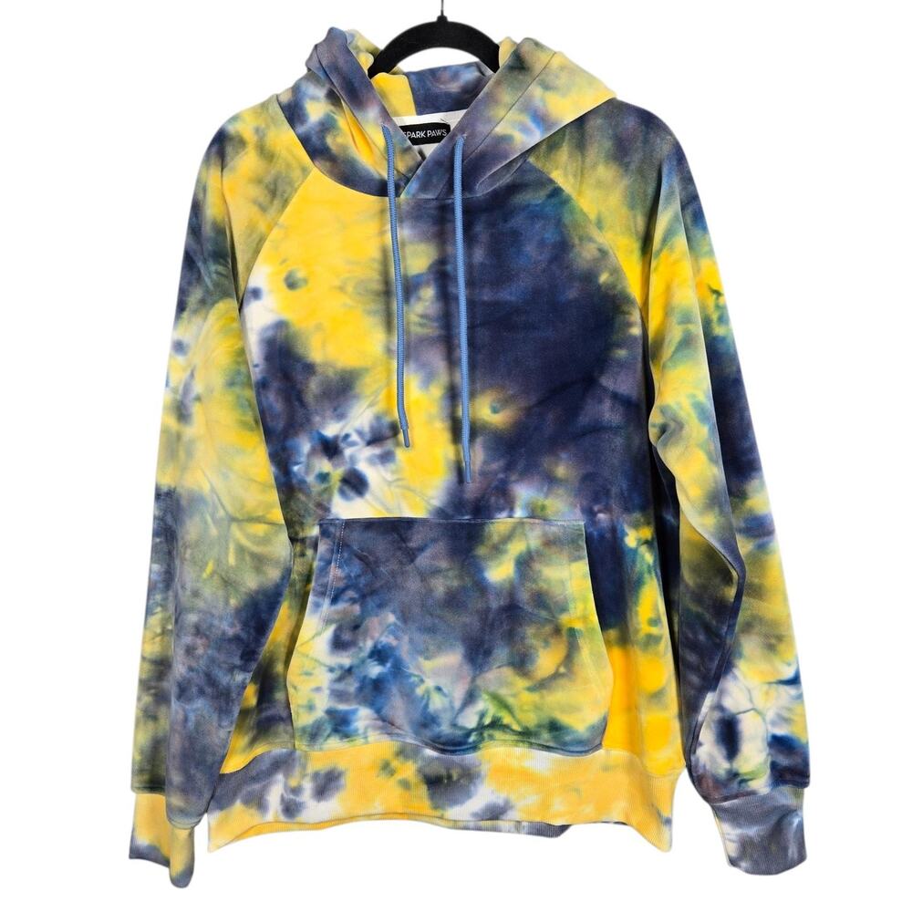 Spark Paws Hoodie Mens L Blue Yellow Tie Dye Velvet Pullover Kangaroo Pocket